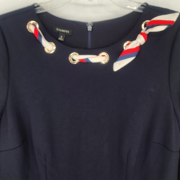Talbots Navy Fit & Flare Dress w/ Grommet Scarf Detail Size 8 - Picture 5 of 12